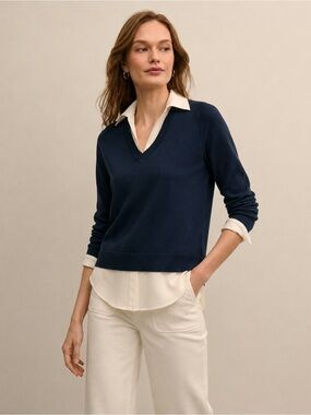 Hotel Particulier Wool Blend Layered Collared Sweater Blouse Navy White Size L